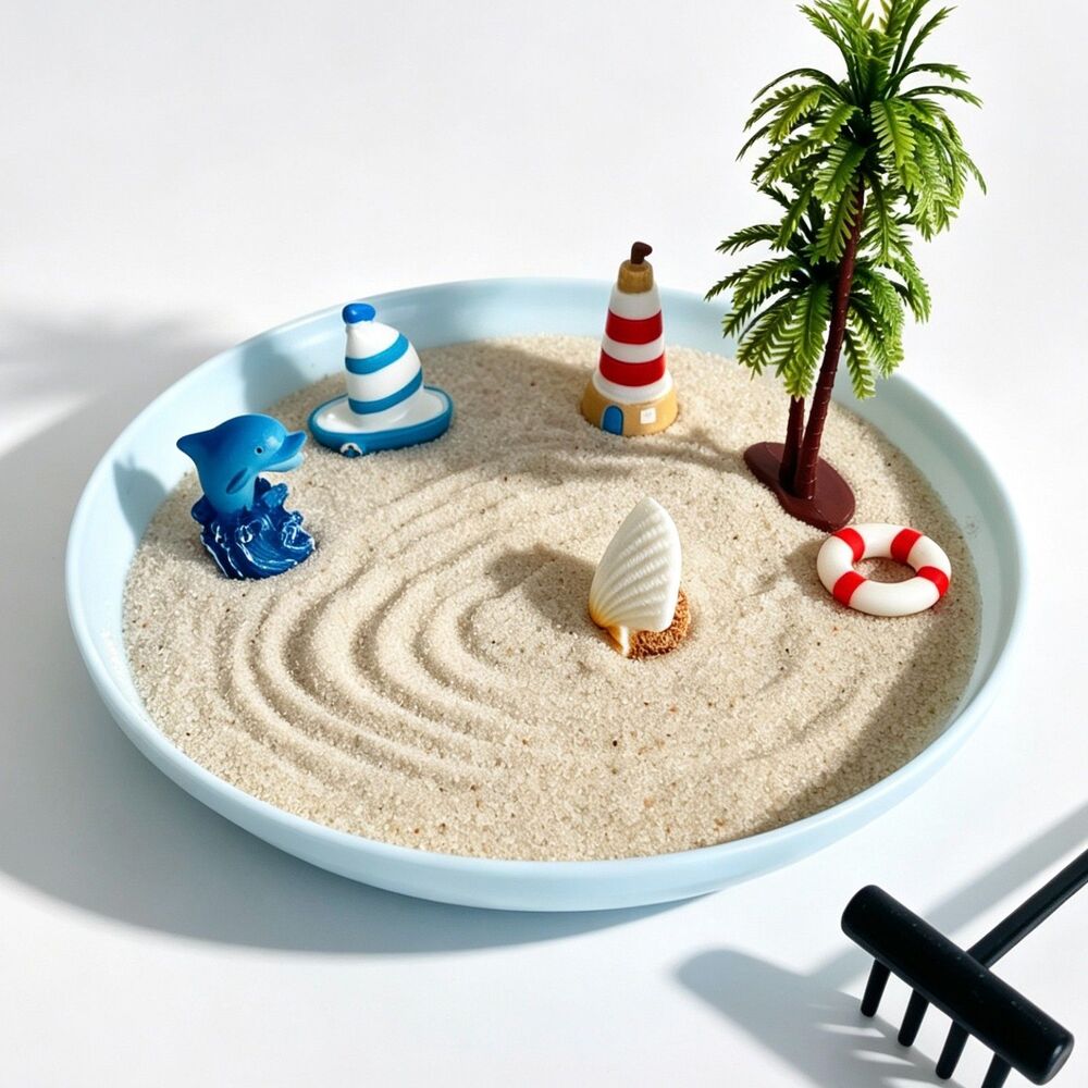 Desktop Ocean Zen Garden with Dolphin, Sailboat, Lighthouse, Palm Tree & Shell